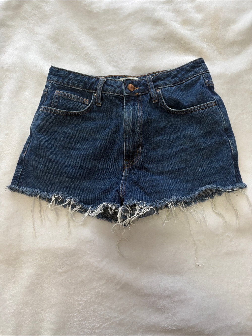 Forever 21 Dark Blue Mid-Rise Denim Shorts with Frayed Hem